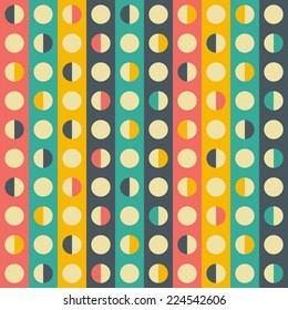 Retro seamless pattern with colorful stripes and semicircles.