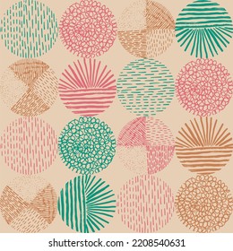 Retro seamless pattern with colorful textured circles on beige background. Circles with dotted lines, stripes, swirls