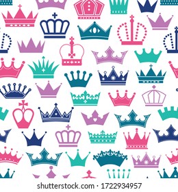 Retro seamless pattern of colors crowns on white background. Surface seamless print of royal.