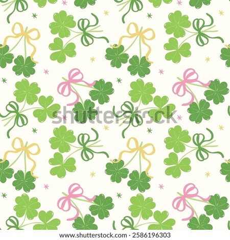 Retro Seamless Pattern Coquette St Patricks Day four Leaf Clover with Bow wallpaper Isolated on Background