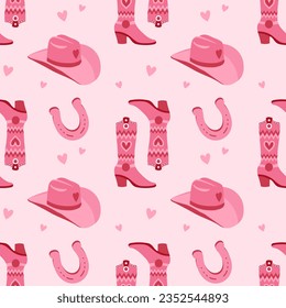 Retro seamless pattern with cowboy boots, hat and Cowgirl horseshoe. Print in the style of the Wild West for textiles, wrapping paper, packaging. Vector