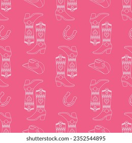 Retro seamless pattern with cowboy boots, hat and Cowgirl horseshoe. Print in the style of the Wild West for textiles, wrapping paper, packaging. Vector