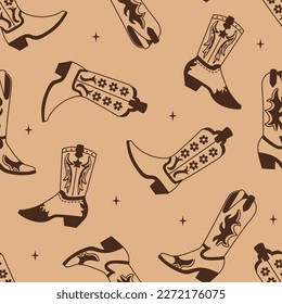 Retro seamless pattern with Cowgirl boots. Various boots with ornament. Wild West fashion style vector for invitation, wrapping paper, packaging etc.