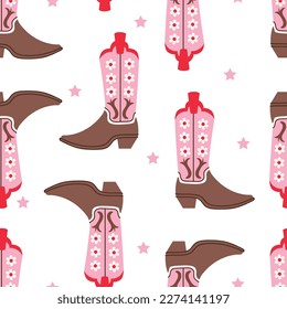 Retro seamless pattern with Cowgirl boots. Bright color boots with ornament. Wild West fashion style vector for invitation, wrapping paper, packaging etc.