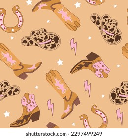 Retro seamless pattern with Cowgirl boots, hat, horseshoe, lightning and star. Wild West fashion style vector for invitation, wrapping paper, packaging etc.