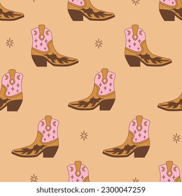 Retro seamless pattern with Cowgirl boots. Boots with ornament. Wild West fashion style vector for invitation, wrapping paper, packaging etc.