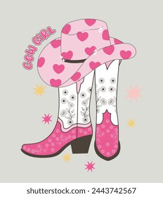 Retro seamless pattern  Cowgirl boots, hat, lettering phrase, and flowers. Wild West fashion style vector for invitation, wrapping paper, packaging etc.