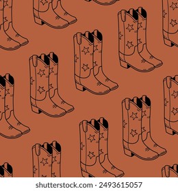 Retro seamless pattern with cowgirl boots. Cowboy western and wild west theme. Hand drawn illustration in sketch style.