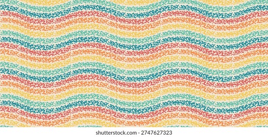 Retro seamless pattern with crayon wavy lines. Groovy rainbow background with wavy stripes with chalk texture. Abstract seamless pattern, vector illustration