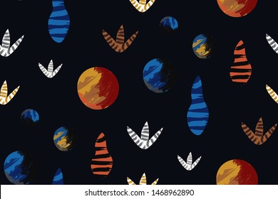 Retro seamless pattern. Creative abstract print with various geometric shapes, leaves, circles on a black background. Grunge texture, fashion pattern in vintage hand-drawn style. Vector illustration.