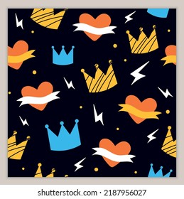 Retro seamless pattern with crown. Repeating graphic element for printing on wrapping paper. Medieval jewelry, symbol of power and strength, treasure, heart. Cartoon flat vector illustration