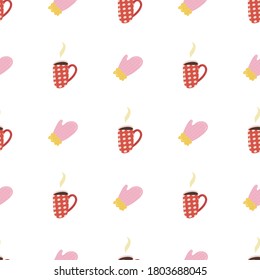 Retro seamless pattern with cup of cacao and pink mitten for paper and fabric design. Traditional winter holiday art. Cartoon style. Vector fashion background.