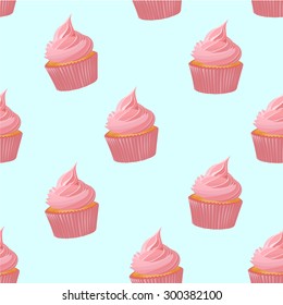 Retro seamless pattern with cupcake on blue background. Vector illustration