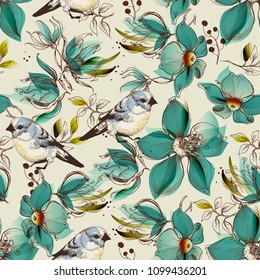 Retro seamless pattern, cute flowers and birds print