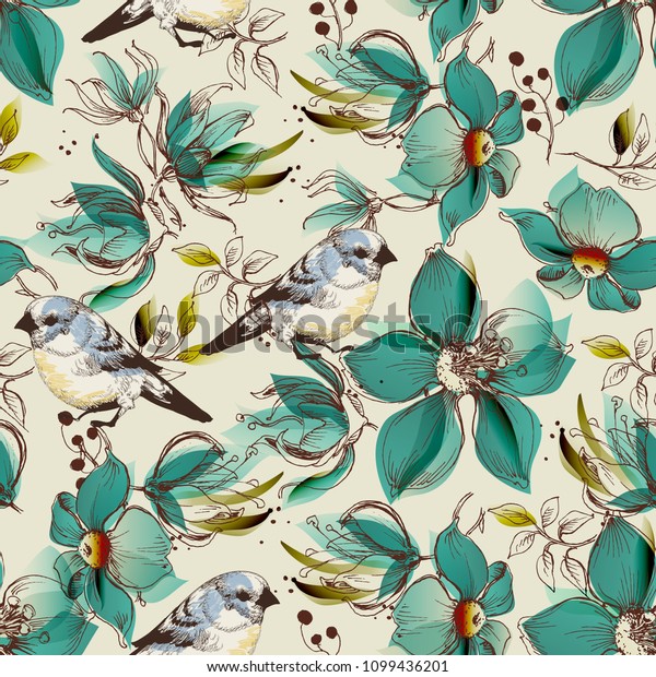 Retro Seamless Pattern Cute Flowers Birds Stock Vector Royalty Free 1099436201