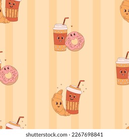 Retro seamless pattern. Cute groovy characters of coffee to go, donut and croissant on striped yellow background. Vector Illustration for wallpaper, design, textile, packaging, decor