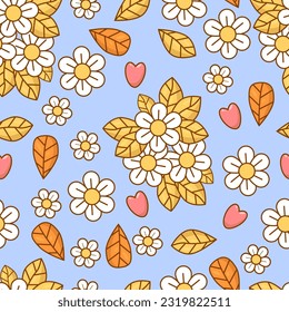 Retro seamless pattern with Daisy Flower Power on  blue background with leaves and hearts. Groovy vector Illustration for wallpaper, design, textile, packaging, decor