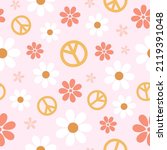 Retro seamless pattern with daisy flowers and peace signs