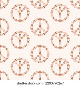 Retro seamless pattern with daisy flowers and peace signs