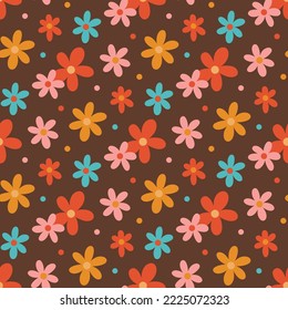 Retro seamless pattern with daisy flowers on a brown background. It can be used for packaging, wrapping paper, textile, home decor etc. Vintage style 60s 70s