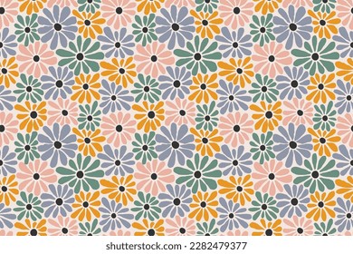 Retro Seamless Pattern with Daisy Flowers. Floral Background in Retro Hippy Groovy Style of 1970. Vector Camomile Flower Summer Illustration in Pastel Colors