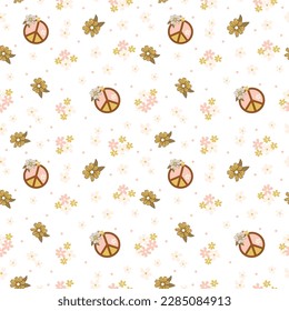 Retro seamless pattern with daisy flowers and peace signs on ehite background