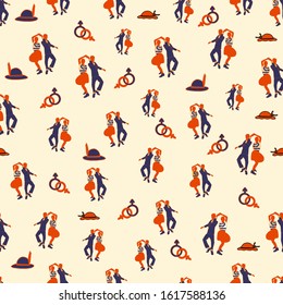 Retro seamless pattern with dancing jazz ethnic people. Couple of lovers. Afro humans. Vector cartoon illustration. Textile dance swing print. Background in trendy pastel colors. Design textile.