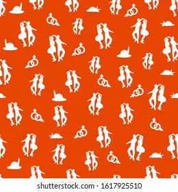 Retro seamless pattern with dancing jazz ethnic people.Valentine's Day. Couple of lovers. Humans. Vector cartoon illustration. Textile dance swing print. White silhouettes of people. Red invitation.