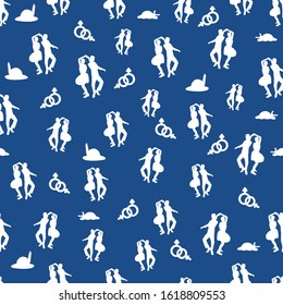 Retro seamless pattern with dancing jazz ethnic people.Valentine's Day. Couple of lovers. Humans. Vector cartoon illustration. Textile dance swing print. White silhouettes of people. Blue invitation.