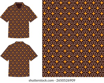 Retro seamless pattern in dark brown with golden star-flower motifs. Perfect for vintage and bohemian shirt prints.