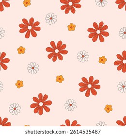 Retro seamless pattern of different chamomile flowers. Floral design with groovy hippie daisy. Vintage 60s vector background. Botanical boho wallpaper