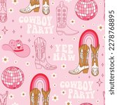 Retro seamless pattern with different Cowgirl boots, rainbow, lettering phrase, disco ball and flowers. Wild West fashion style vector for invitation, wrapping paper, packaging etc.