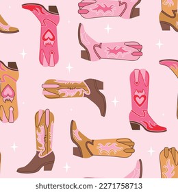 Retro seamless pattern with different Cowgirl boots. Various bright color boots. Wild West fashion style vector for invitation, wrapping paper, packaging etc.