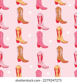 Retro seamless pattern with different Cowgirl boots. Various bright color boots. Wild West fashion style vector for invitation, wrapping paper, packaging etc.