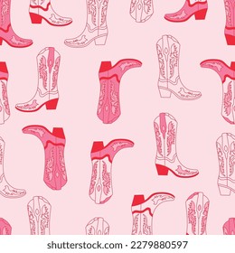 Retro seamless pattern with different Cowgirl boots. Pink color boots. Wild West fashion style vector for invitation, wrapping paper, packaging etc.