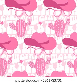 Retro seamless pattern with different Cowgirl hat, cactus, vintage sunglasses and text phrase on background. Pink Wild West fashion style vector for invitation, wrapping paper, packaging etc.