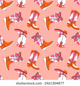 Retro seamless pattern with different cowgirl boots. Coquette core. Cowboy western and wild west theme. Wild West fashion style vector for invitation, wrapping paper, packaging etc.