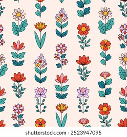 Retro seamless pattern with different flowers. Vintage boho print on beige background. Decorative botanical ornament in Scandinavian style