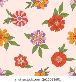 Retro seamless pattern of different wild flowers and green leaves. Floral design with groovy hippie daisy. Vintage 60s vector background. Botanical boho wallpaper
