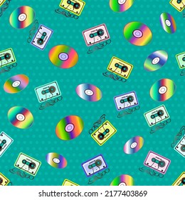 Retro seamless pattern with discs and cassettes in the style of the eighties and nineties.