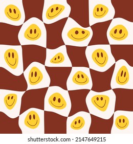 Retro seamless pattern with distorted checkered and smiling faces in style 70s, 80s.  Trendy vector print for wrapping paper, textile, wallpaper 
