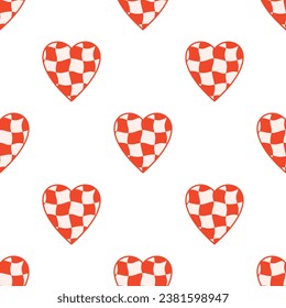 Retro seamless pattern with distorted checkered heart. Groovy Background for Valentine's Day. Textile design in vintage style 60s 70s. Vector illustration.