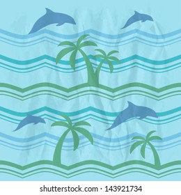 Retro seamless pattern with dolphins and sea