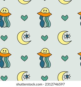 Retro seamless pattern with doodle groovy icons in hippie style. Psychedelic background with hipster symbols.
