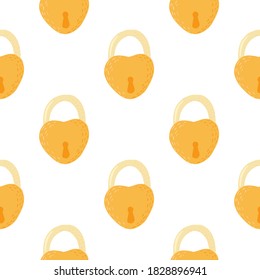 Retro seamless pattern with doodle lock door silhouettes. Stylized old print in love heart yellow shapes on white background. For wallpaper, textile, wrapping paper, fabric print. Vector illustration