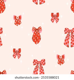 Retro seamless pattern of elegant bow knots in cage, with butterfly, stars and daisy flowers. Background with groovy charming red pink bows. Trendy fancy illustration in 70s vintage style
