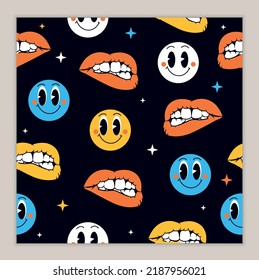 Retro seamless pattern with emoji. Repeating graphic element for printing on wrapping paper. Emotions, feelings, moods, emoticons and facial expressions set. Cartoon flat vector illustration