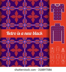 Retro seamless pattern with examples of usage. Trendy repeating ornament for fashion clothes. 1960s-1970s fashion style inspired. Vector illustration