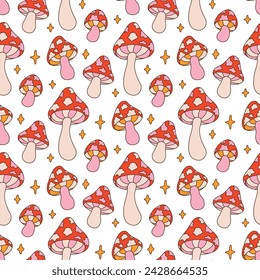 Retro seamless pattern with fantasy fly agaric mushrooms and stars. Textile design with hippie print. Vintage style 60s 70s. Vector illustration.