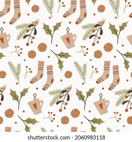 Retro seamless pattern with fir tree branches, socks, twigs, berries, cocoa cup and cookies. Cute hand drawn winter pattern.